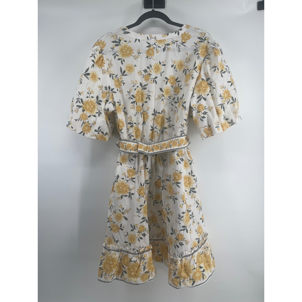 Joie Yellow Floral Mini Dress Short Sleeve Belted V-Neck Ruffle Hem Size 16 - Picture 2 of 5